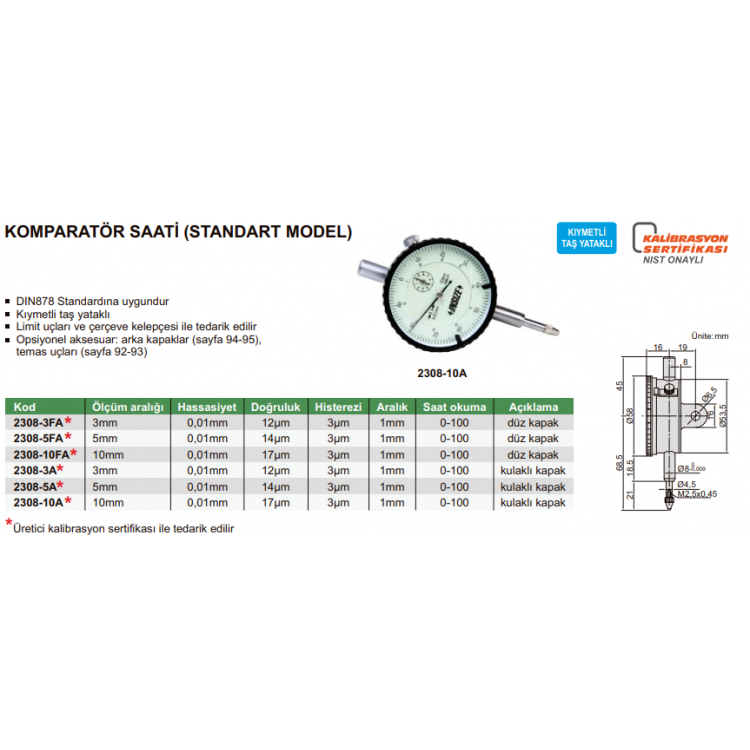 Insize Mekanik Komparatör Saati (Standart Model) 5mm | 2308-5A