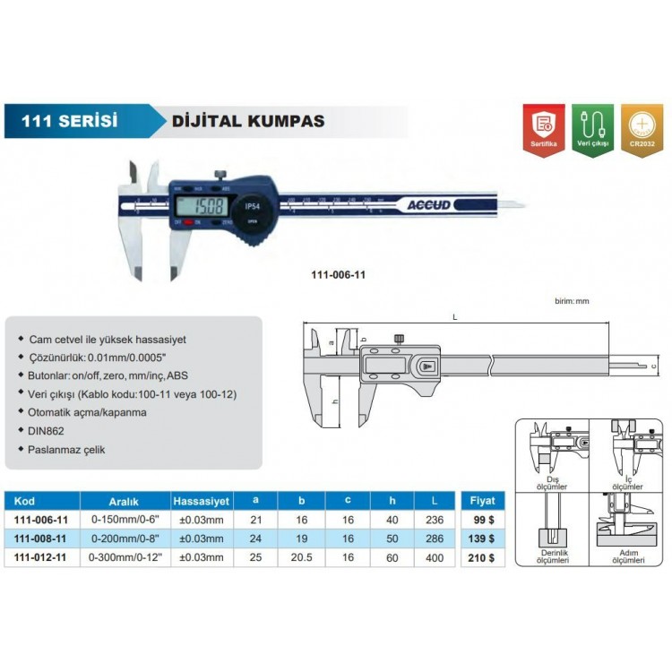 Accud Dijital Kumpas 200 mm IP54 | 111-008-11