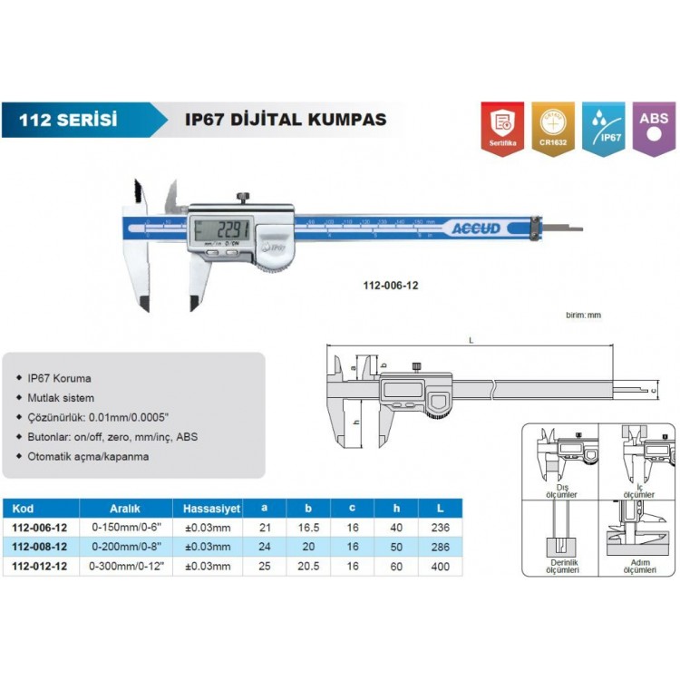 Accud Dijital Kumpas 150 mm IP67 | 112-006-12 Accud Dijital Kumpas 150 mm IP67 | 112-006-12