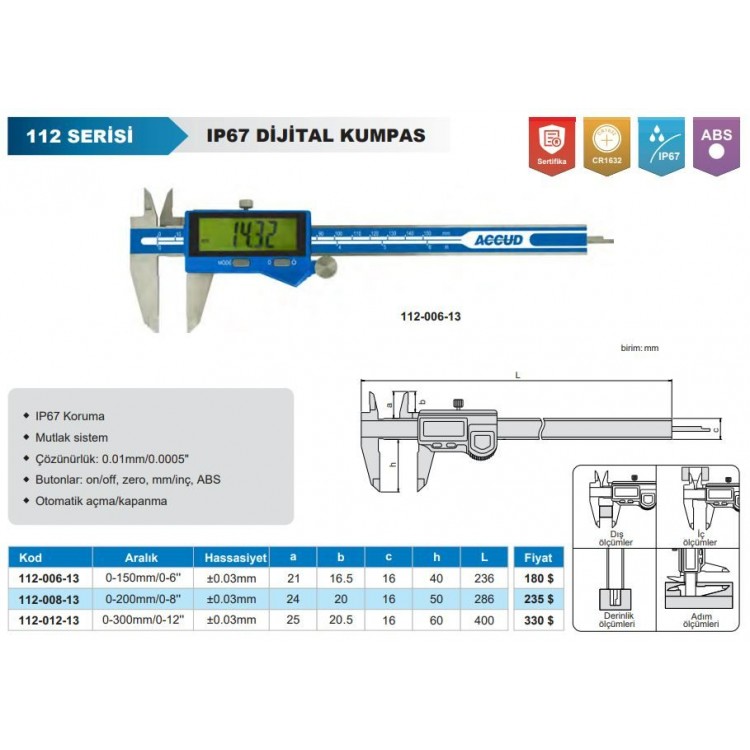 Accud Dijital Kumpas 200 mm IP67 | 112-006-13
