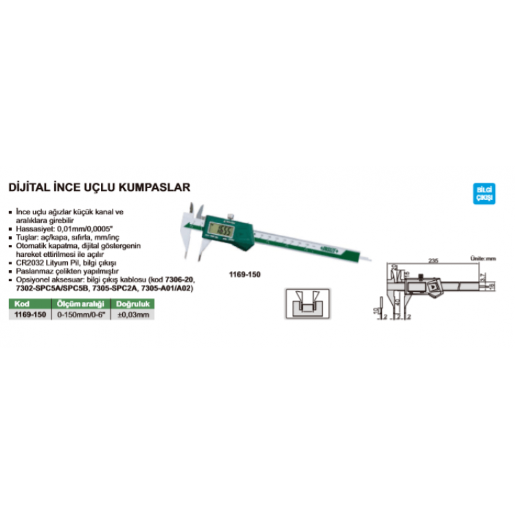 Insize Dijital İnce Uçlu Kumpas / 1169-150