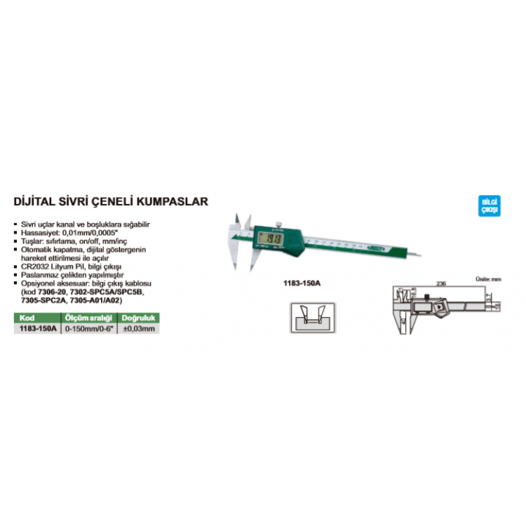 Insize  Dijital Sivri Çeneli Kumpas / 1183-150A
