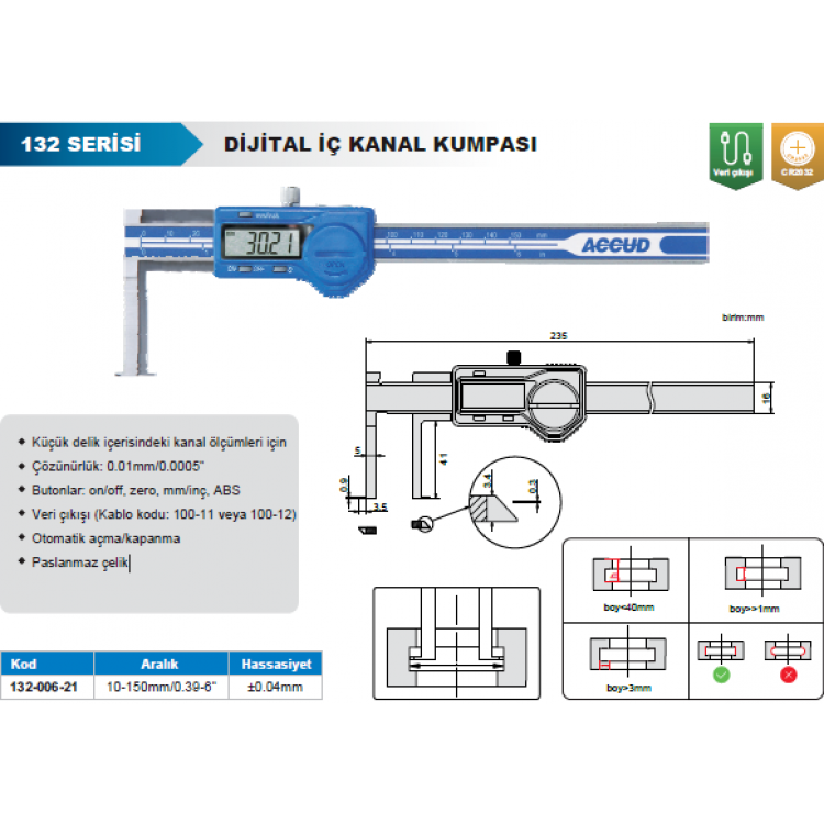 Accud Dijital İç Çap Kanal Kumpası 150mm/ 132-006-21