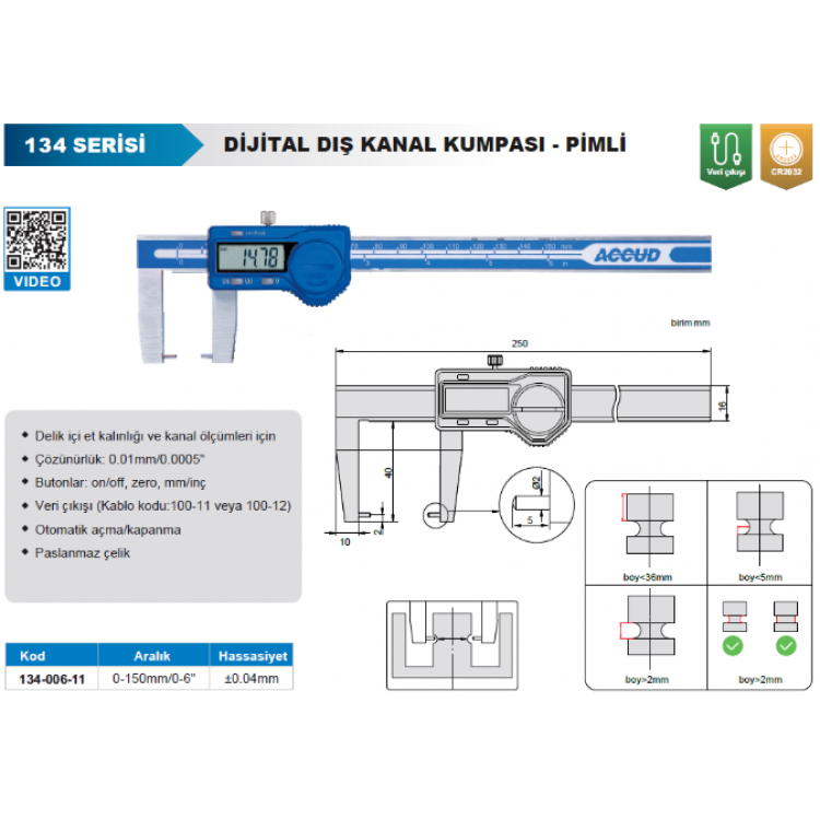 Accud Dijital Dış Çap Kanal Kumpası-Pimli/134-006-11