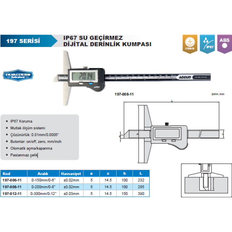 Accud IP67 Su Geçirmez Dijital Derinlik Kumpası 0-150mm/197-006-11