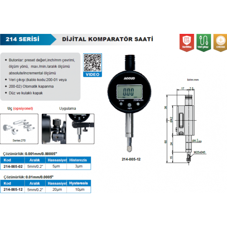 Accud Dijital Komparatör Saati 5mm /0,2" / 214-005-02