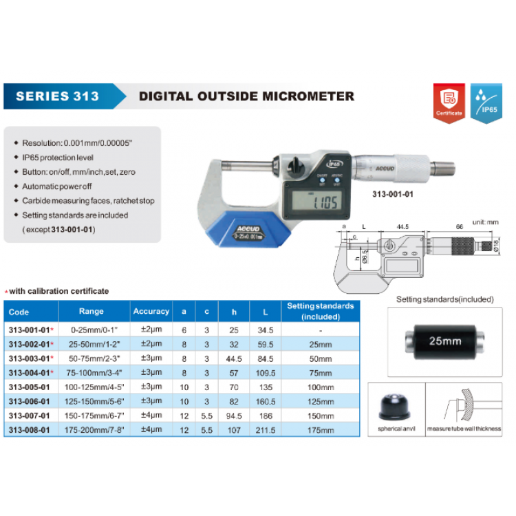 Accud Dijital Mikrometre 0-25 mm/313-001-01