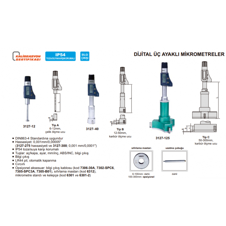 Insize Dijital Üç Ayaklı Mikrometre 125-150mm , 4.92-5.91'' | 3127-150